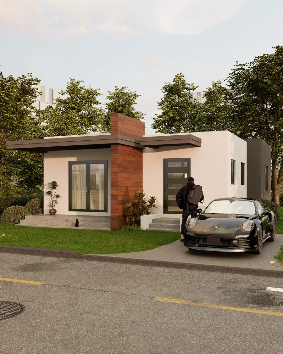 Photorealistic render of a compact single-storey residence in a classic style, with a timber-clad chimney feature and a car parked in the driveway.